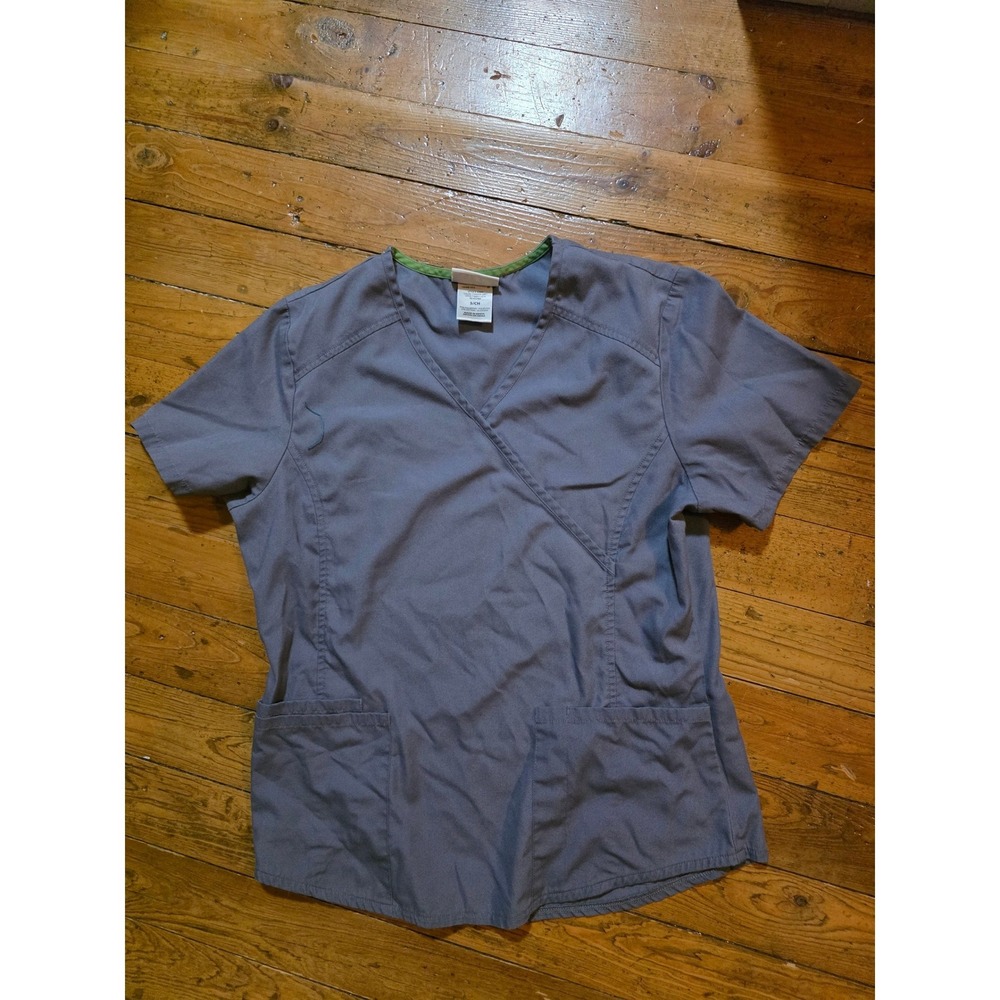 Scrubstar Womens Mock Wrap‎ Scrub Top Charcoal Grey V-Neck Short Sleeve Small